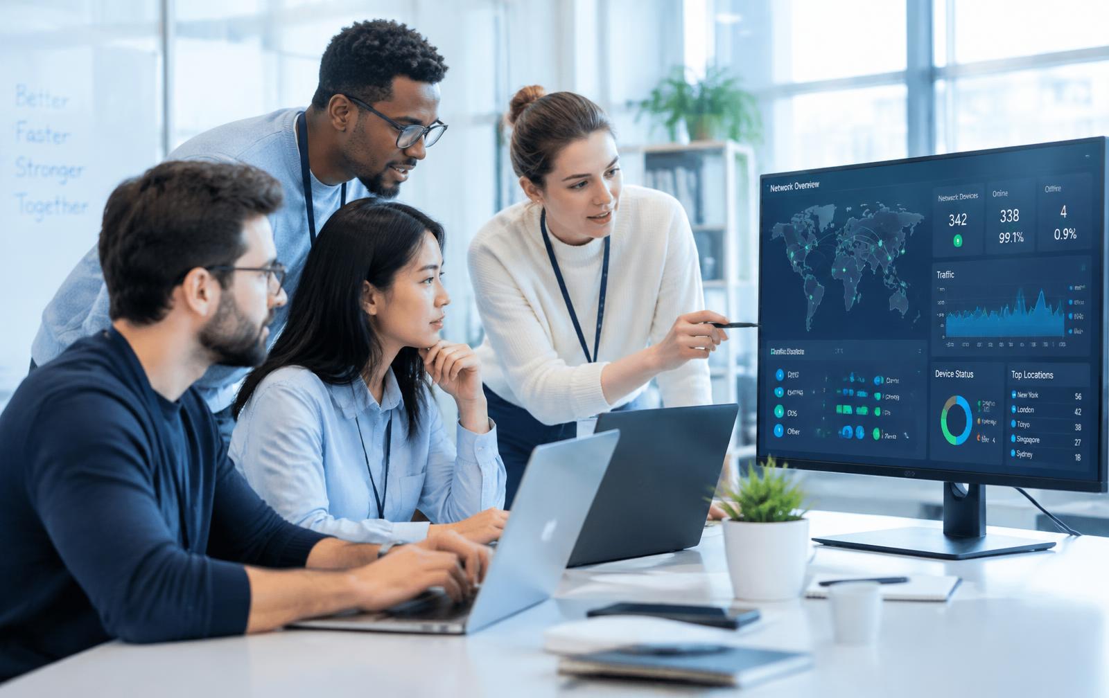 Pandas LLC team reviewing network dashboards